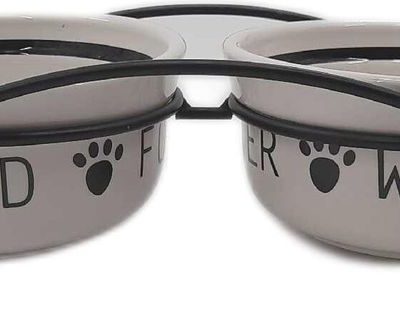 Комплет чинии за храна/вода, керамика/метал, 2×1,6л/ø20см/41×10×20см, бела/црна